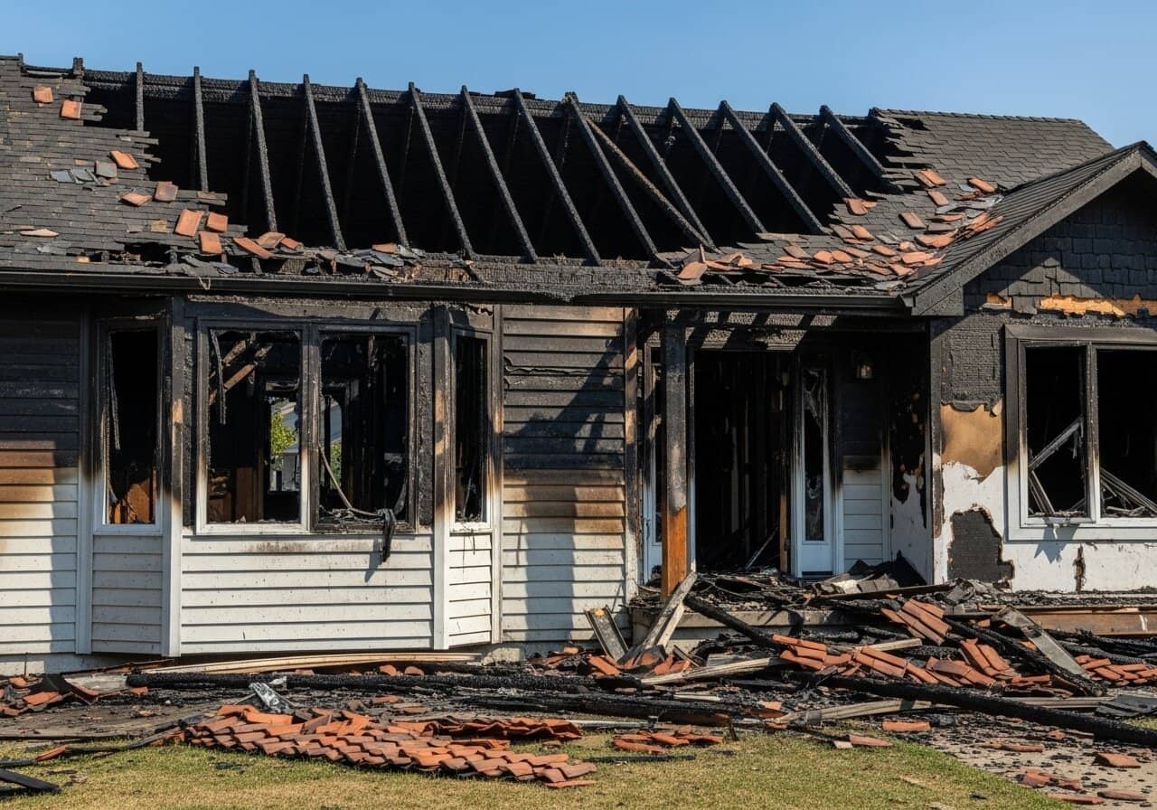 Fire-damaged house exterior with destroyed roof and siding in Greater Philadelphia requiring emergency restoration Fire-damaged house exterior with destroyed roof and siding in Greater Philadelphia requiring emergency restoration