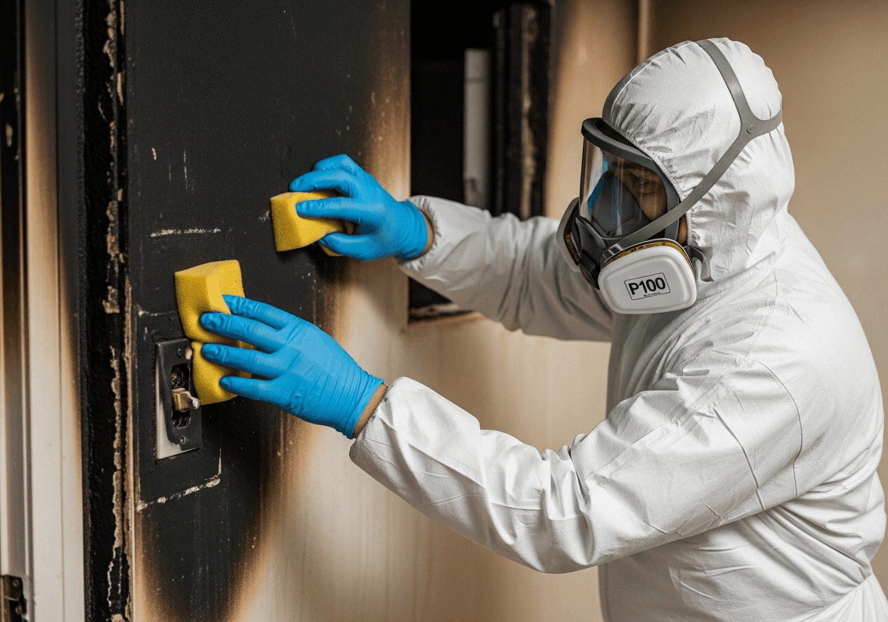 Illustration of a restoration technician in protective gear removing soot from a wall during fire damage cleanup — Bulldog Cleaning & Restoration